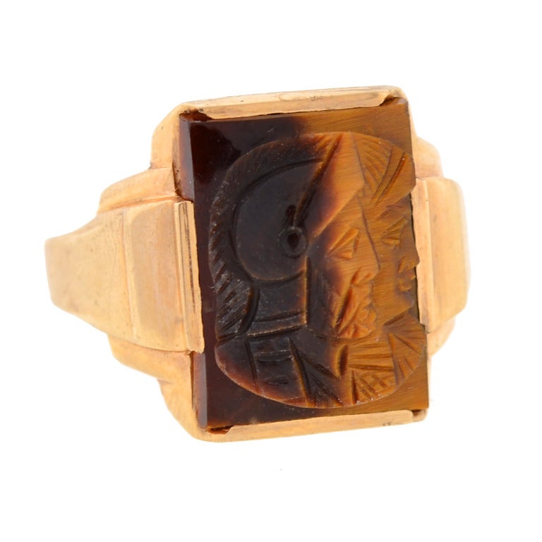 Victorian Tiger's Eye Carved Roman Soldier Ring