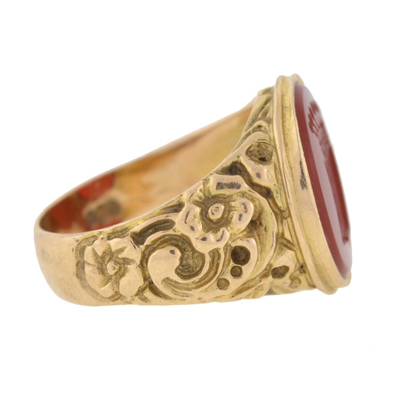 Victorian Carnelian Intaglio Repousse Signet Ring In Excellent Condition In Narberth, PA