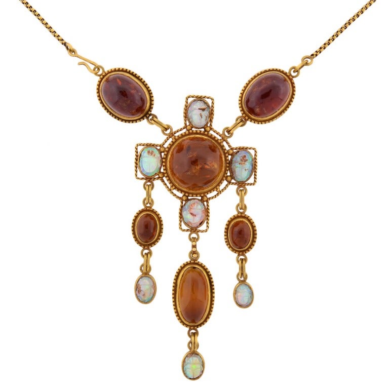 Art Nouveau Egyptian Revival Amber Opal Gold Necklace For Sale