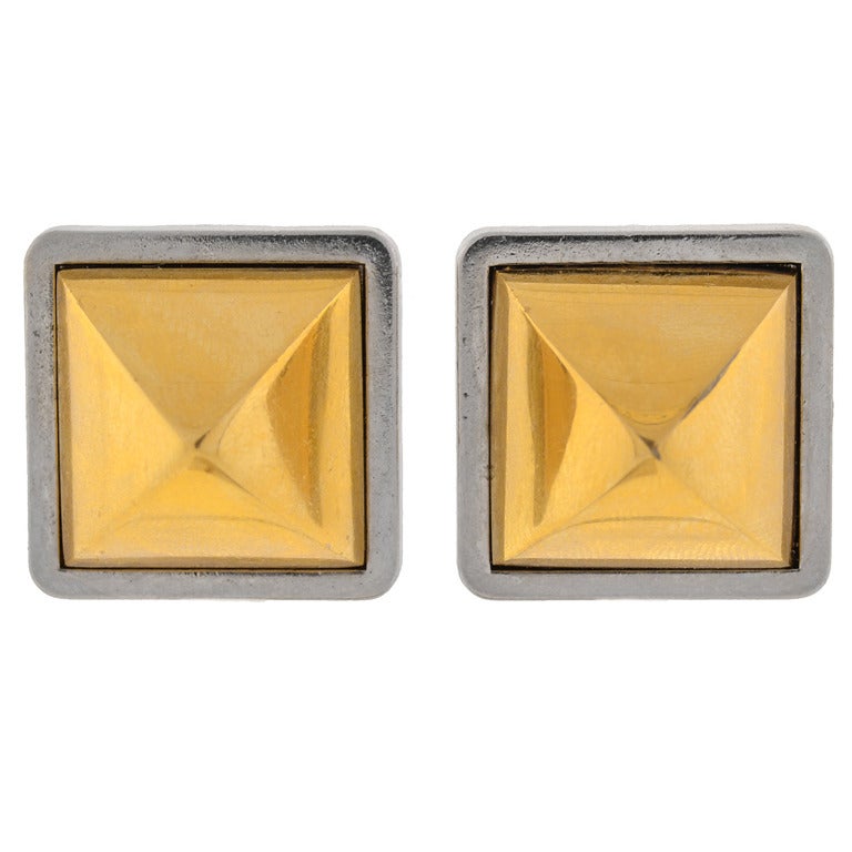 HERMES PARIS Vintage Two-Tone Pyramid Clip Earrings