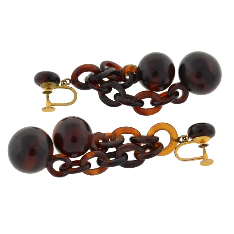 Victorian Tortoise Shell Hanging Ball Earrings In Excellent Condition In Narberth, PA