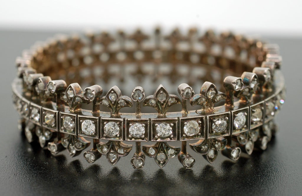 Victorian Rose and Mine Cut Diamond Sterling Gold Bracelet In Excellent Condition In Narberth, PA