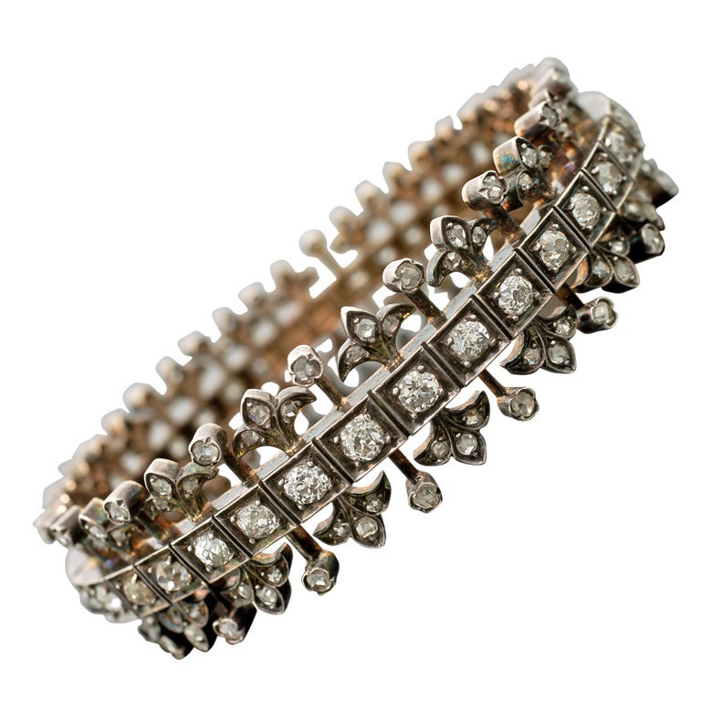 Victorian Rose and Mine Cut Diamond Sterling Gold Bracelet