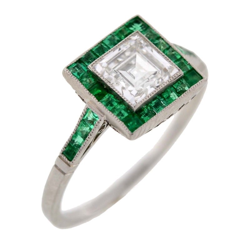 Women's Art Deco Emerald & Step Cut Diamond Engagement Ring 0.85ct