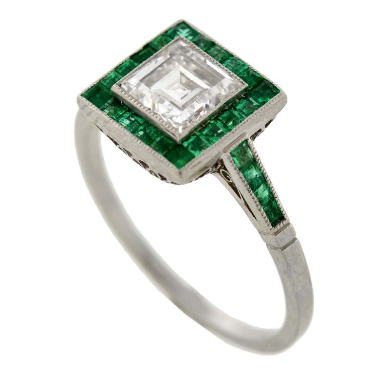 Art Deco Emerald & Step Cut Diamond Engagement Ring 0.85ct 1