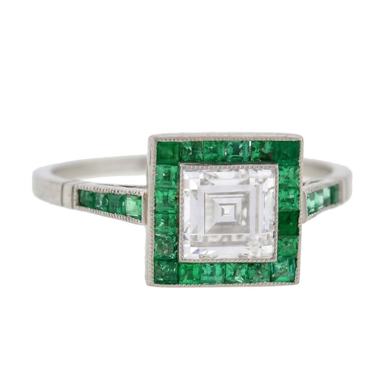 Art Deco Emerald & Step Cut Diamond Engagement Ring 0.85ct