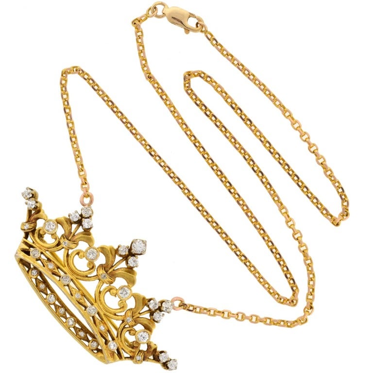 Victorian Diamond Crown Pendant with Chain at 1stdibs