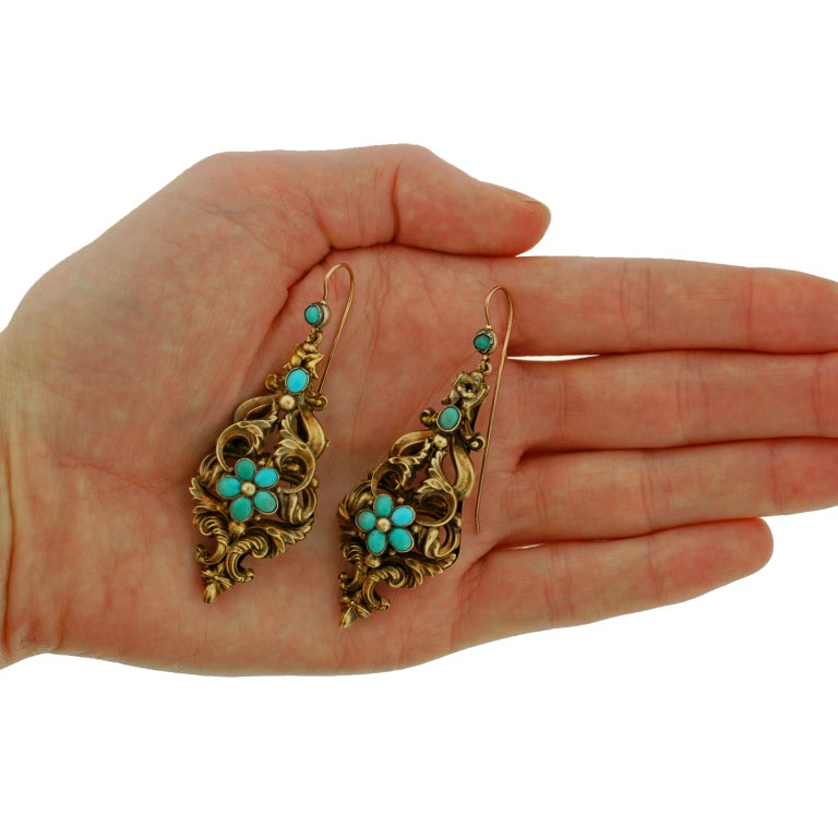 Georgian Large Turquoise & Gold Earrings 3