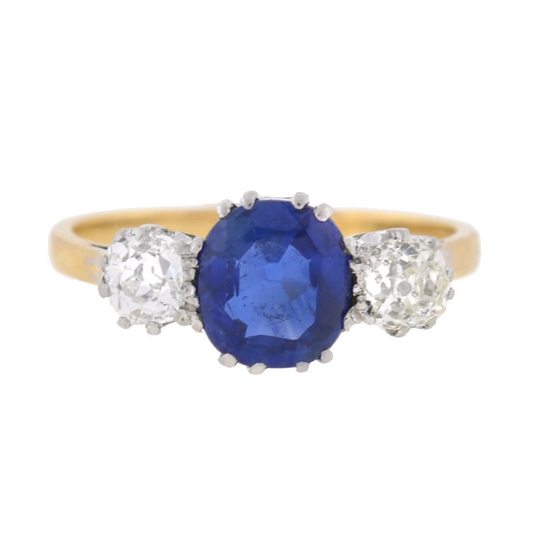Edwardian Sapphire Diamond Three Stone Ring In Excellent Condition In Narberth, PA
