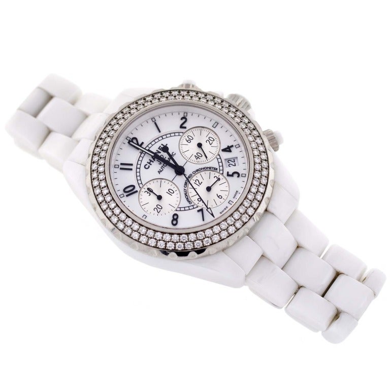 Chanel White Ceramic and Diamond J12 Automatic Chronograph Wristwatch In Excellent Condition In Narberth, PA