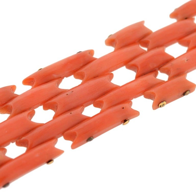 Art Deco Carved Natural Coral Link Bracelet 1