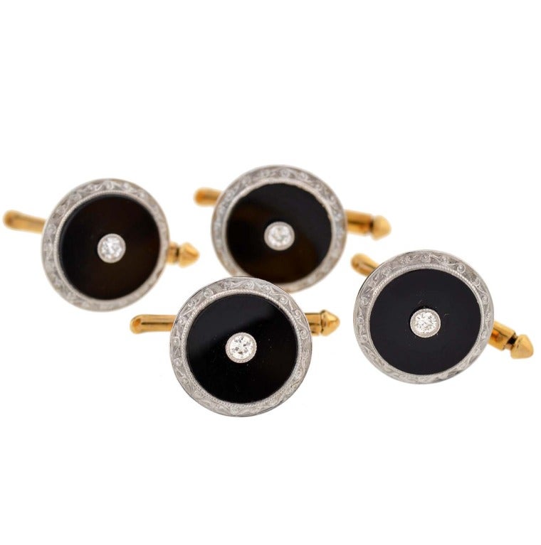 LARTER & SONS Edwardian Onyx & Diamond 9 Piece Cufflink Set In Excellent Condition In Narberth, PA