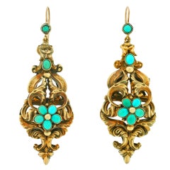 Antique Georgian Large Turquoise & Gold Earrings