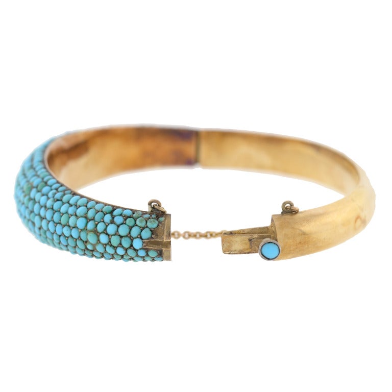 Victorian Pave Persian Turquoise Hinged Bangle Bracelet In Excellent Condition In Narberth, PA