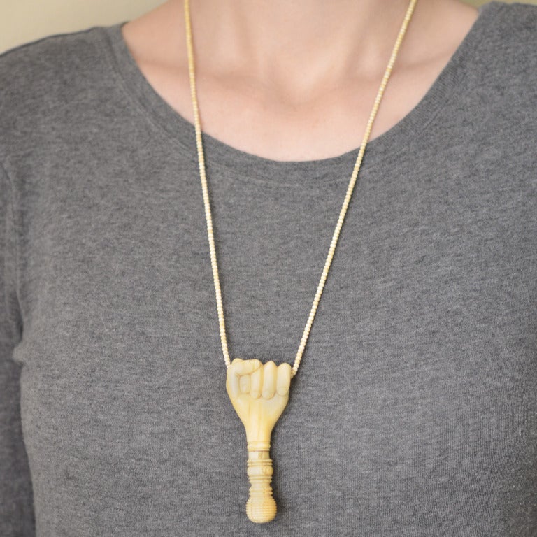 Women's Victorian Hand Carved Ivory Clenched Fist Necklace