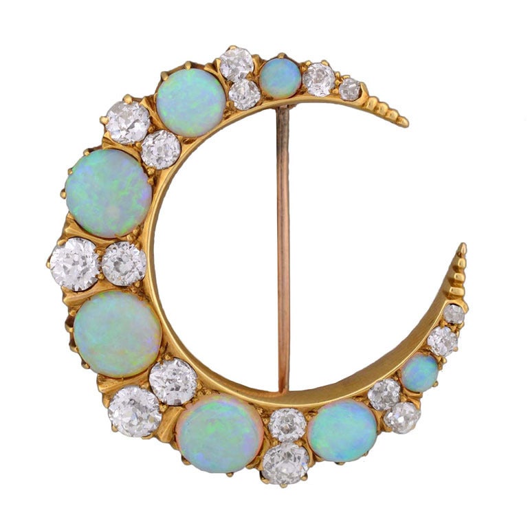 Hardy Brothers Art Nouveau Opal Diamond Crescent Pin