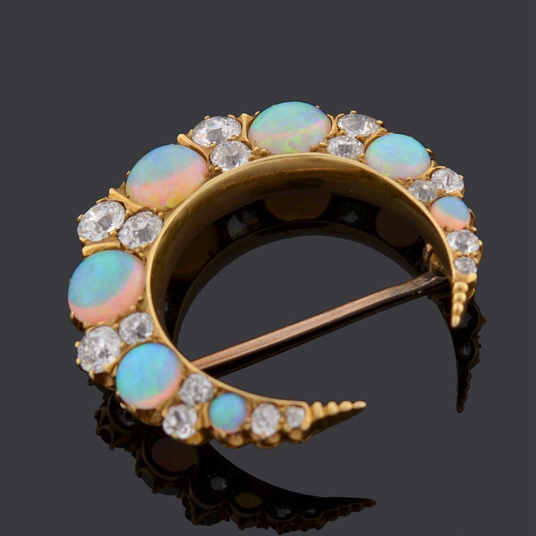 Hardy Brothers Art Nouveau Opal Diamond Crescent Pin In Excellent Condition In Narberth, PA