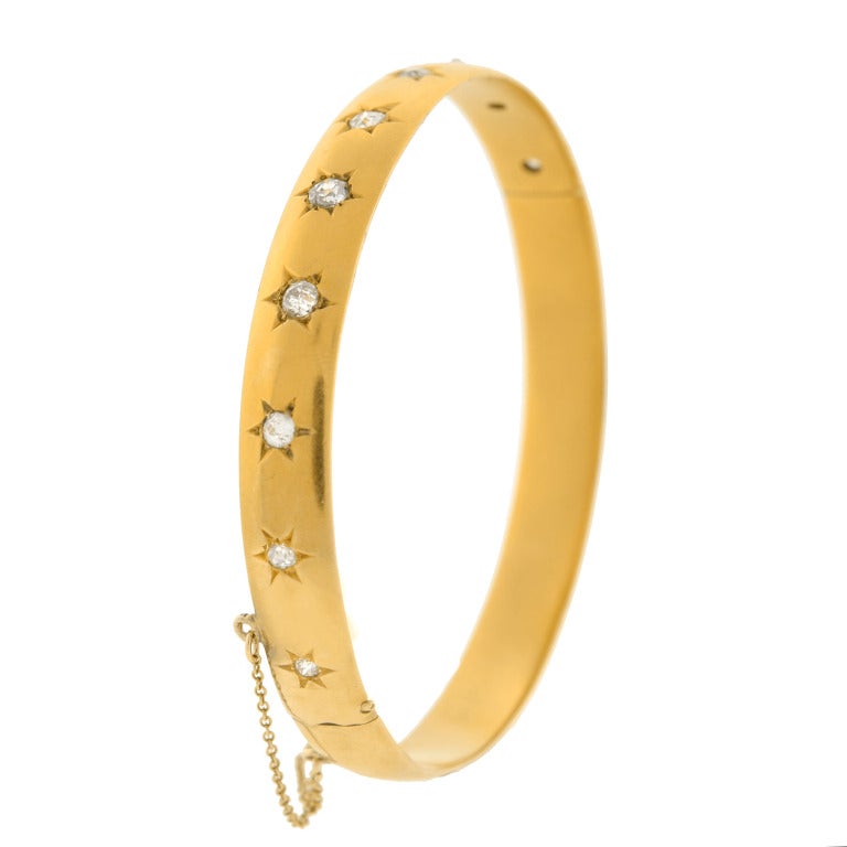 Victorian Diamond Starburst Gold Bangle Bracelet 1ctw 1