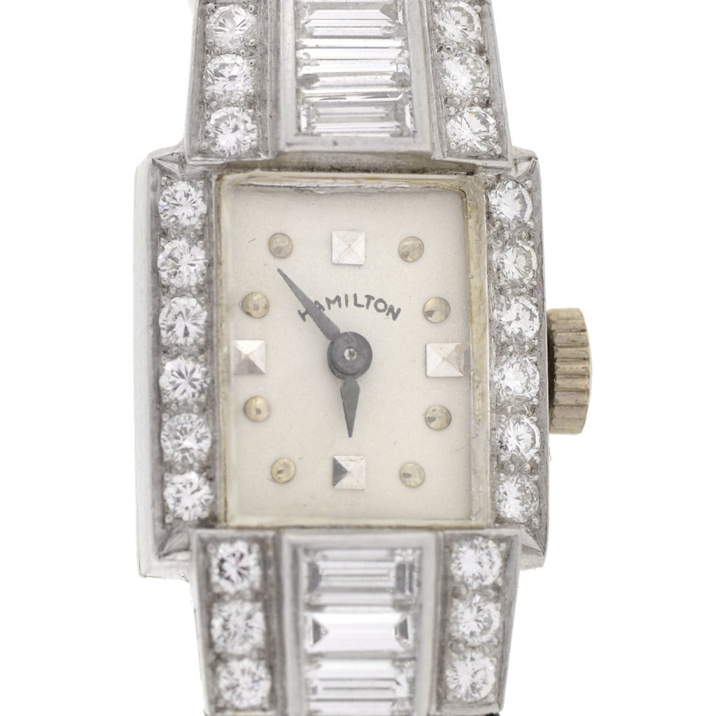 Hamilton Lady's Platinum and Diamond Bracelet Watch In Excellent Condition In Narberth, PA