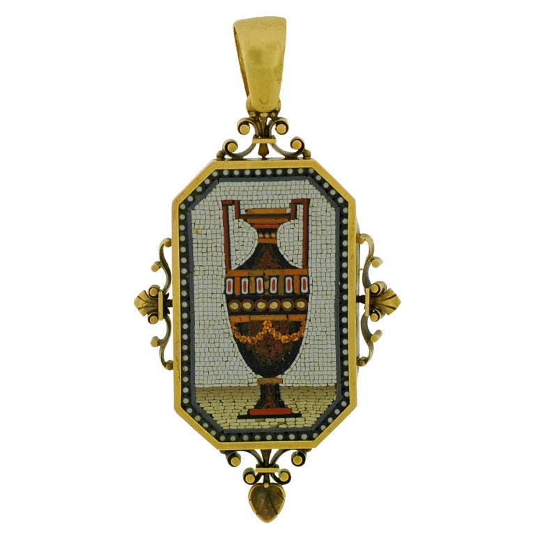 Victorian Large Micro Mosaic Gold Urn Pin/Pendant