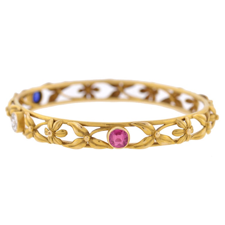 Art Nouveau Sapphire Ruby Diamond Gold Bangle Bracelet In Excellent Condition In Narberth, PA