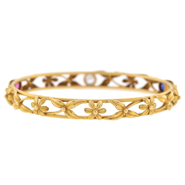 Women's Art Nouveau Sapphire Ruby Diamond Gold Bangle Bracelet