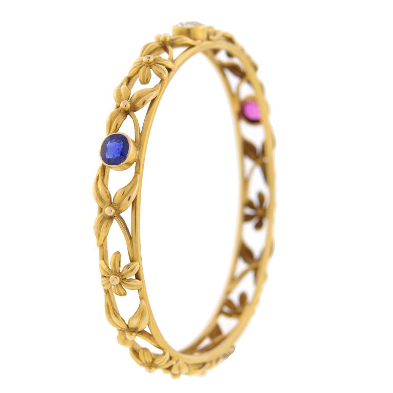 Art Nouveau Sapphire Ruby Diamond Gold Bangle Bracelet 1