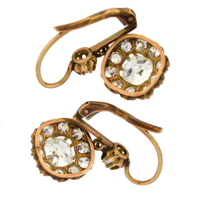 Victorian Diamond Gold Cluster Dangle Earrings For Sale 2