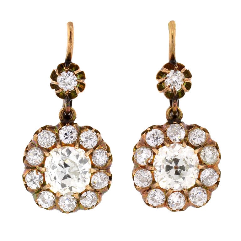 Victorian Diamond Gold Cluster Dangle Earrings For Sale