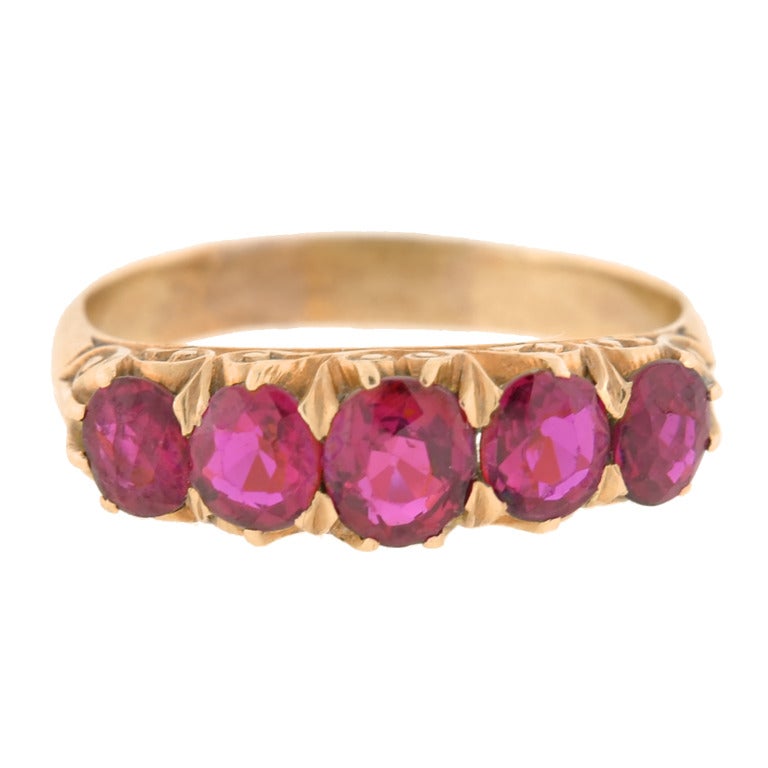 Victorian Five Stone Natural Non-Heated Ruby Ring In Excellent Condition In Narberth, PA