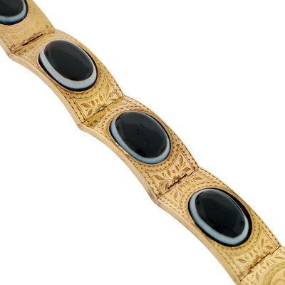 Victorian Banded Agate Gold Link Bangle Bracelet In Excellent Condition In Narberth, PA
