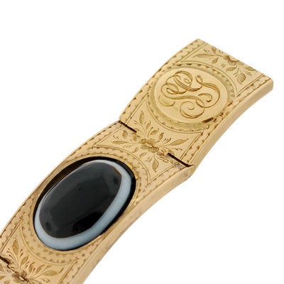 Victorian Banded Agate Gold Link Bangle Bracelet 1