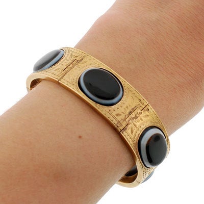Victorian Banded Agate Gold Link Bangle Bracelet 5