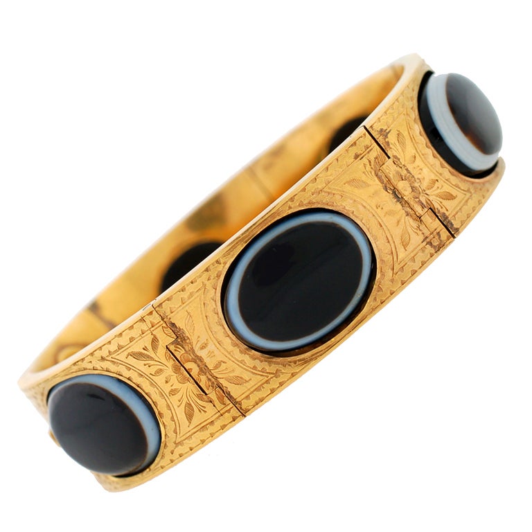 Victorian Banded Agate Gold Link Bangle Bracelet