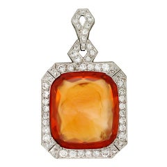 Art Deco Diamond & Carved Citrine Cameo Platinum Pendant 10