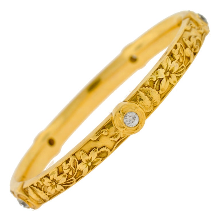 RIKERS BROTHERS Art Nouveau Diamond & Gold Repousse Bracelet