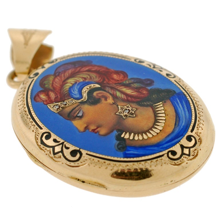 Victorian Diamond, Enamel & Gold Painted Portrait Locket In Excellent Condition In Narberth, PA