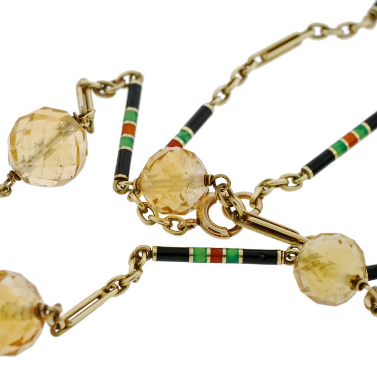 Late Art Deco Faceted Citrine Enamel & Gold Necklace For Sale 4