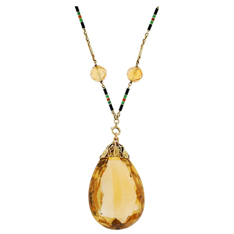 Late Art Deco Faceted Citrine Enamel & Gold Necklace