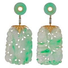 Art Deco Carved Large Apple Jade & Diamond Earrings