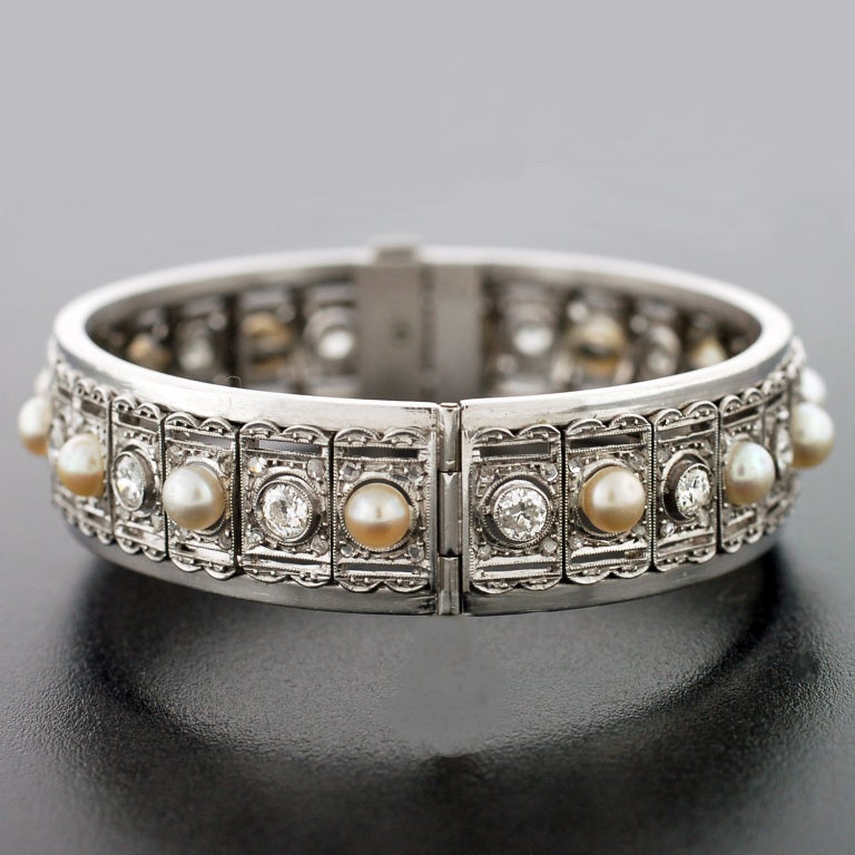 Art Deco Diamond & Pearl Gold Hinged Bracelet 4.20ct