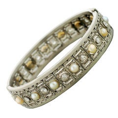 Art Deco Diamond & Pearl Gold Hinged Bracelet 4.20ct