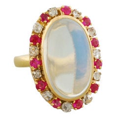 Victorian Striking Moonstone, Diamond & Ruby Gold Ring
