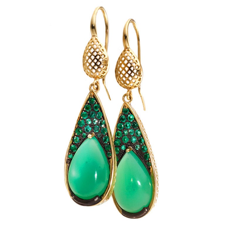 Crownwork Pear Shaped Earrings with Emerald and Chrysophrase