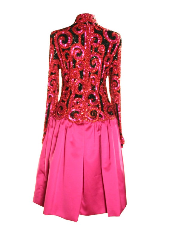 Women's 1980's Bob Mackie Fuschia Satin Beaded Dress For Sale