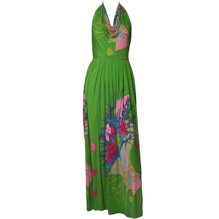 1970's Bolhan Printed Silk Halter Dress For Sale