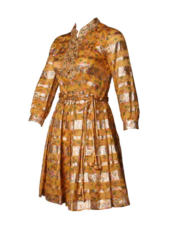 1960's Pat Sandler Gold Brocade Pleated Dress