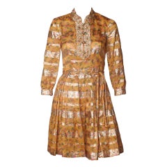 Vintage 1960's Pat Sandler Gold Brocade Pleated Dress