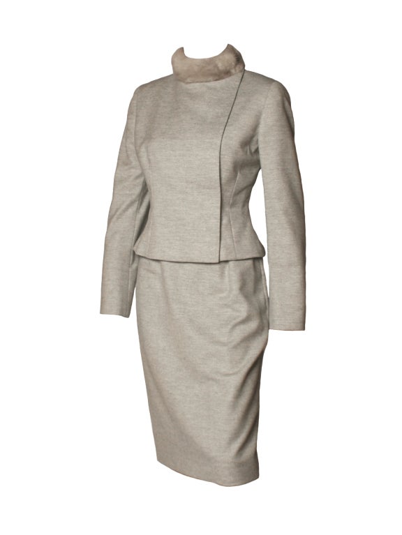 Badgley Mischka Grey Skirt Suit with Mink Collar