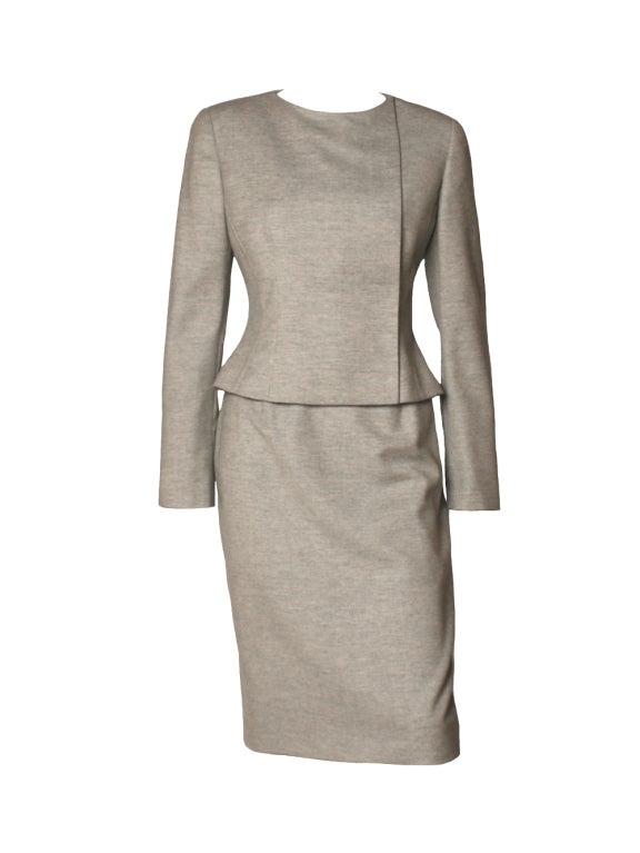 Badgley Mischka Grey Skirt Suit with Mink Collar For Sale at 1stDibs